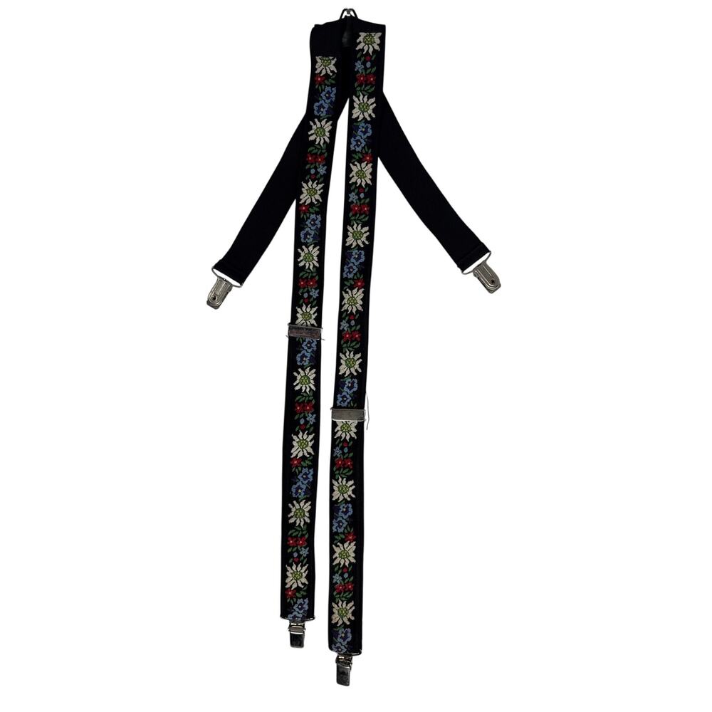 Vintage Black Floral Embroidered Adjustable Clip-On Suspenders